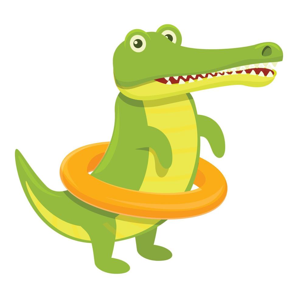 Crocodile with swimming ring icon, cartoon style vector