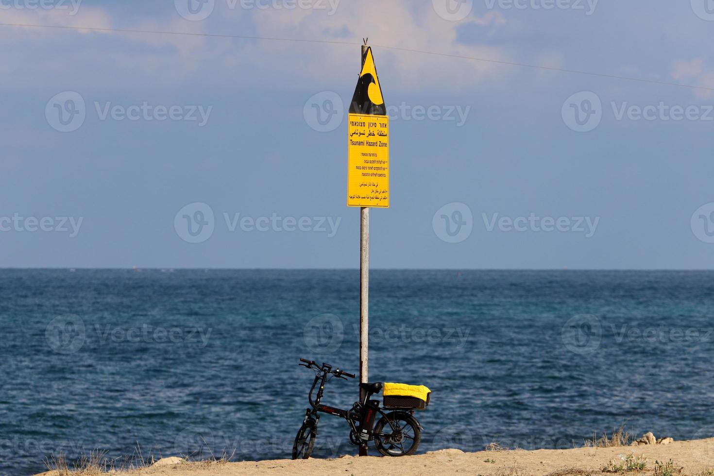 Road information sign installed on the side of the road in Israel. photo