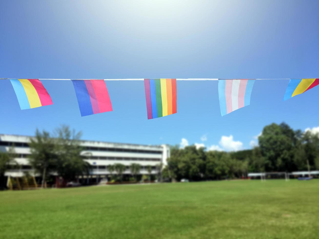 Rainbow flags and lgbtq plus flags were hung on wire against bluesky on sunny day, soft and selective focus, concept for LGBTQ plus gender celebrations in pride month around the world. photo