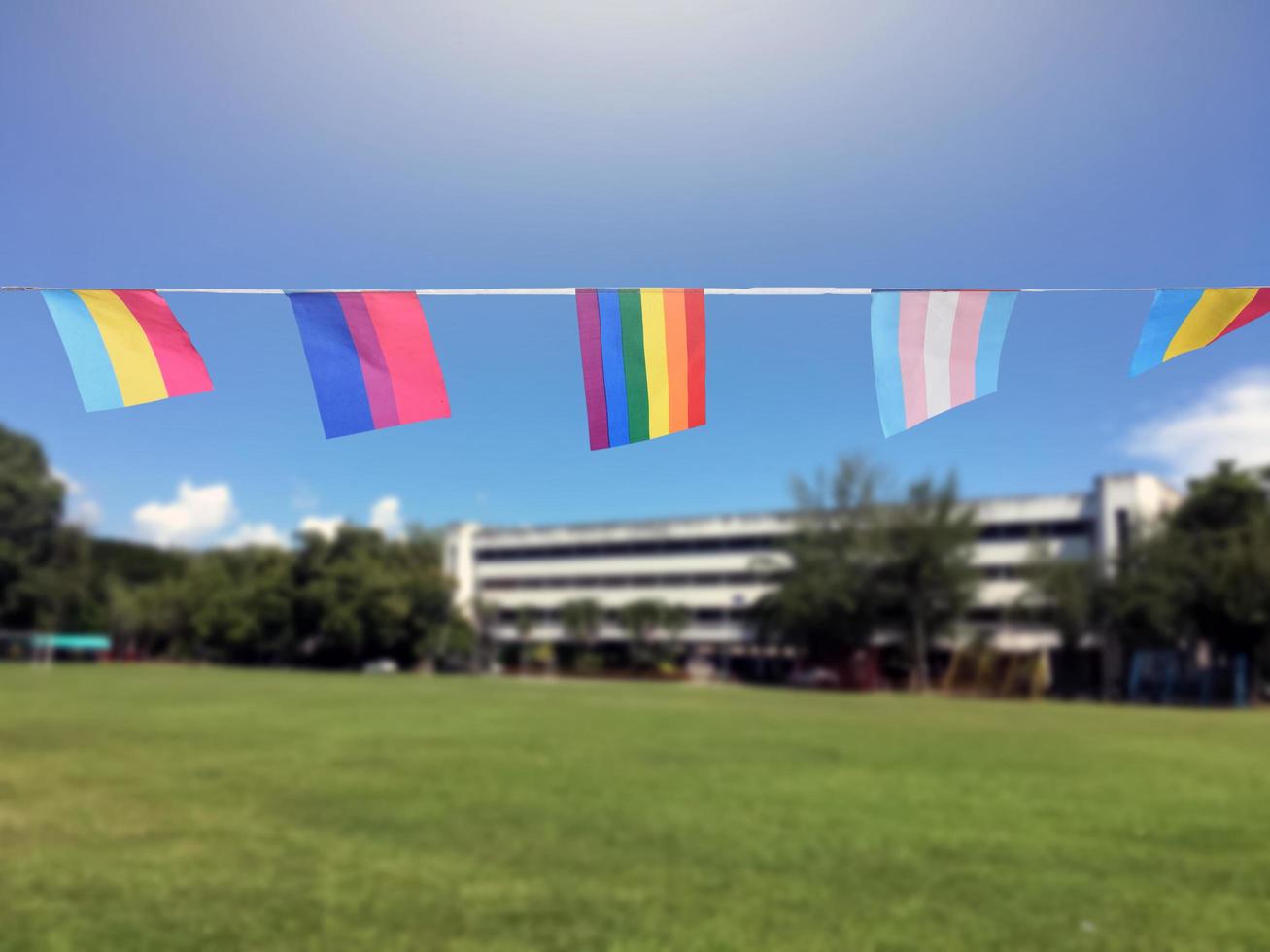 Rainbow flags and lgbtq plus flags were hung on wire against bluesky on sunny day, soft and selective focus, concept for LGBTQ plus gender celebrations in pride month around the world. photo