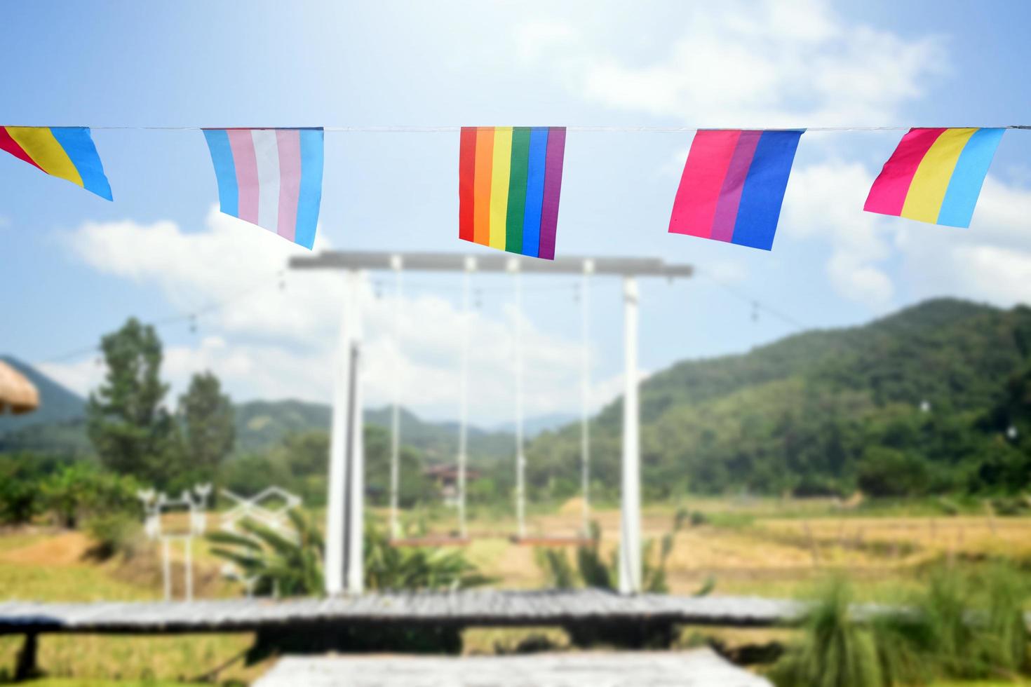 las banderas del arco iris y las banderas lgbtq plus se colgaron en el cable contra el cielo azul en un día soleado, enfoque suave y selectivo, concepto para las celebraciones de género lgbtq plus en el mes del orgullo en todo el mundo. foto