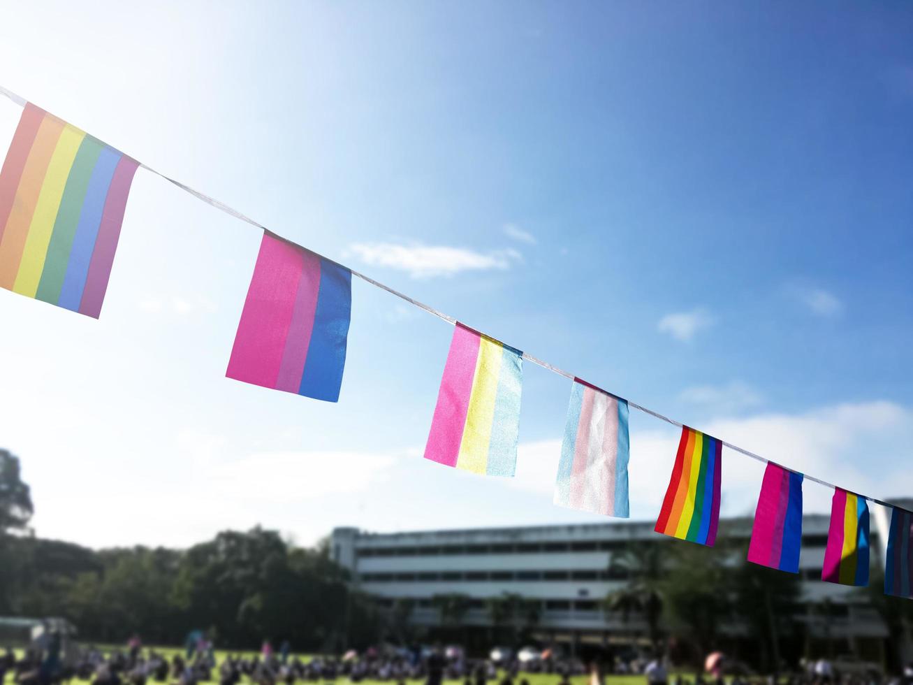 las banderas del arco iris y las banderas lgbtq plus se colgaron en el cable contra el cielo azul en un día soleado, enfoque suave y selectivo, concepto para las celebraciones de género lgbtq plus en el mes del orgullo en todo el mundo. foto