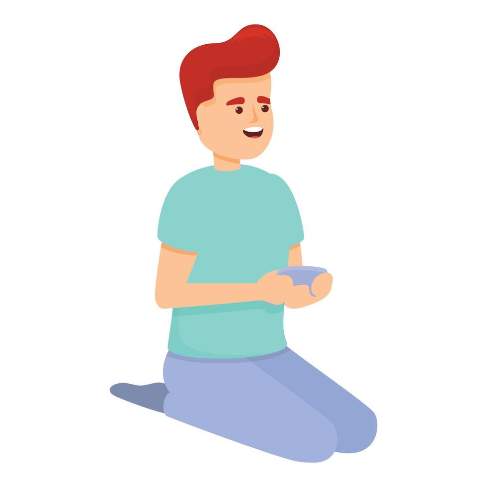 Cute boy play video games icon, cartoon style vector