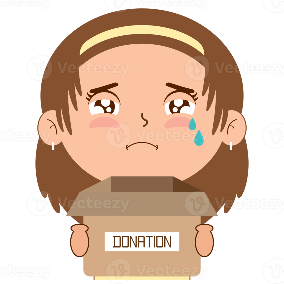 girl crying face holding box of donation cartoon cute png