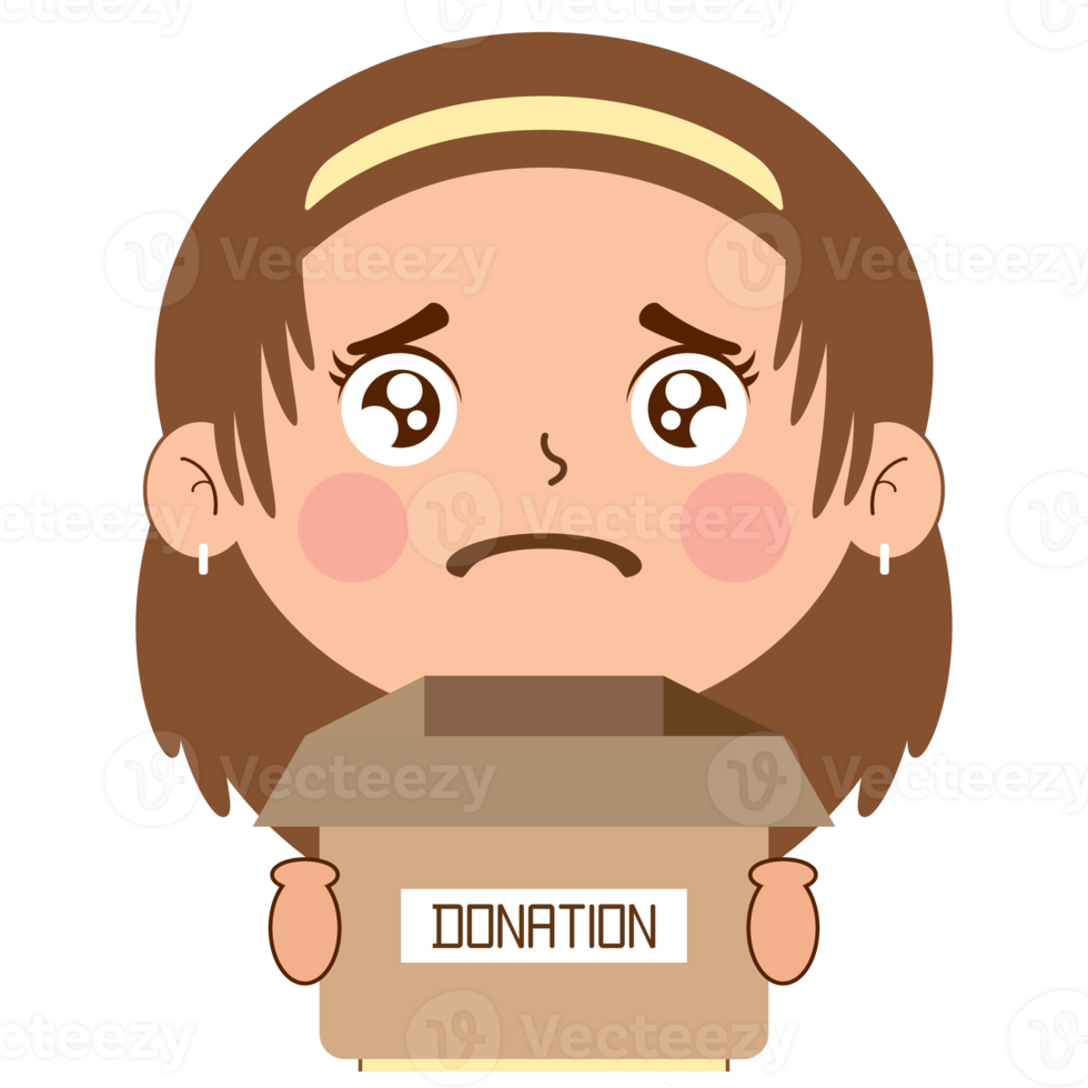 girl sad face holding box of donate cartoon cute png