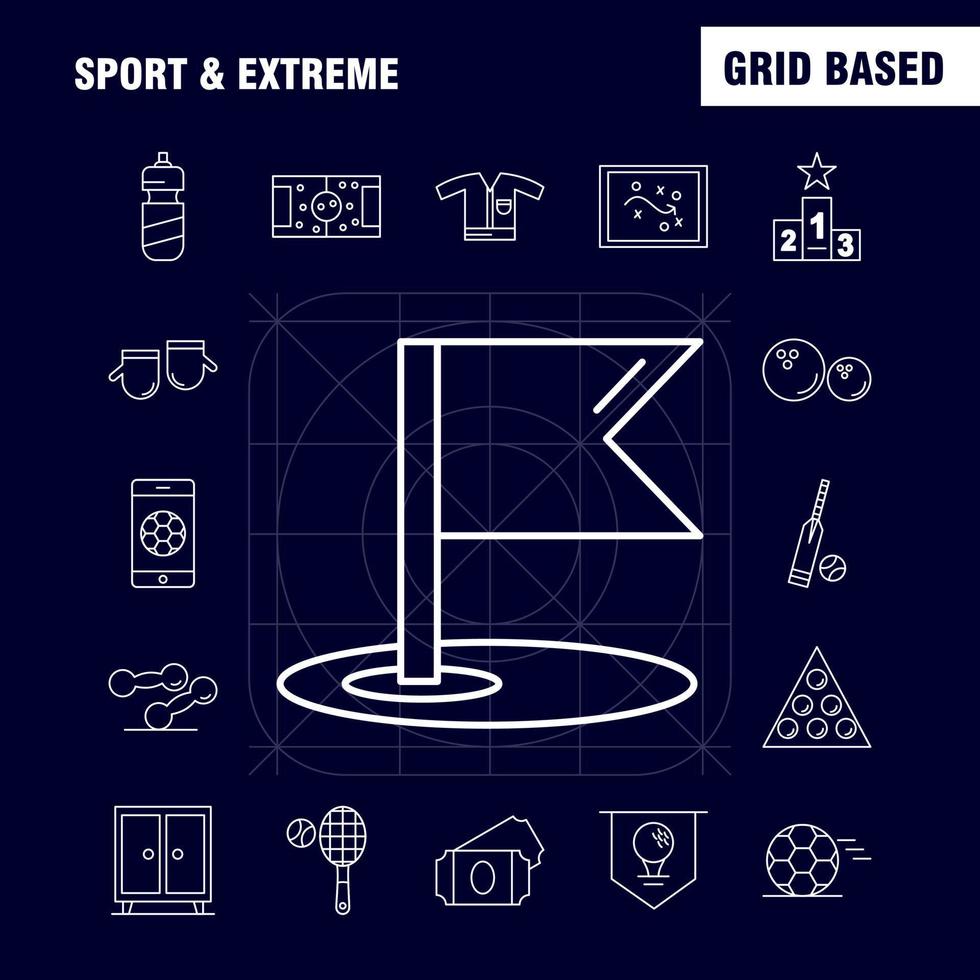 los iconos deportivos y de línea extrema establecidos para infografías kit uxui móvil y diseño de impresión incluyen juego de pelota de fútbol deporte juego móvil juego en línea conjunto de iconos vector