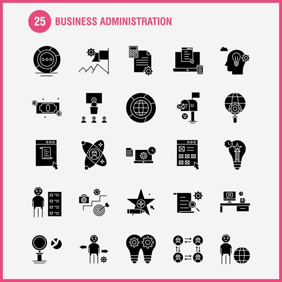 los iconos de glifo sólido de administración empresarial establecidos para el kit de uxui móvil infográfico y el diseño de impresión incluyen ajuste de ajedrez ajuste de engranaje juego de mesa tarjeta de crédito eps 10 vector