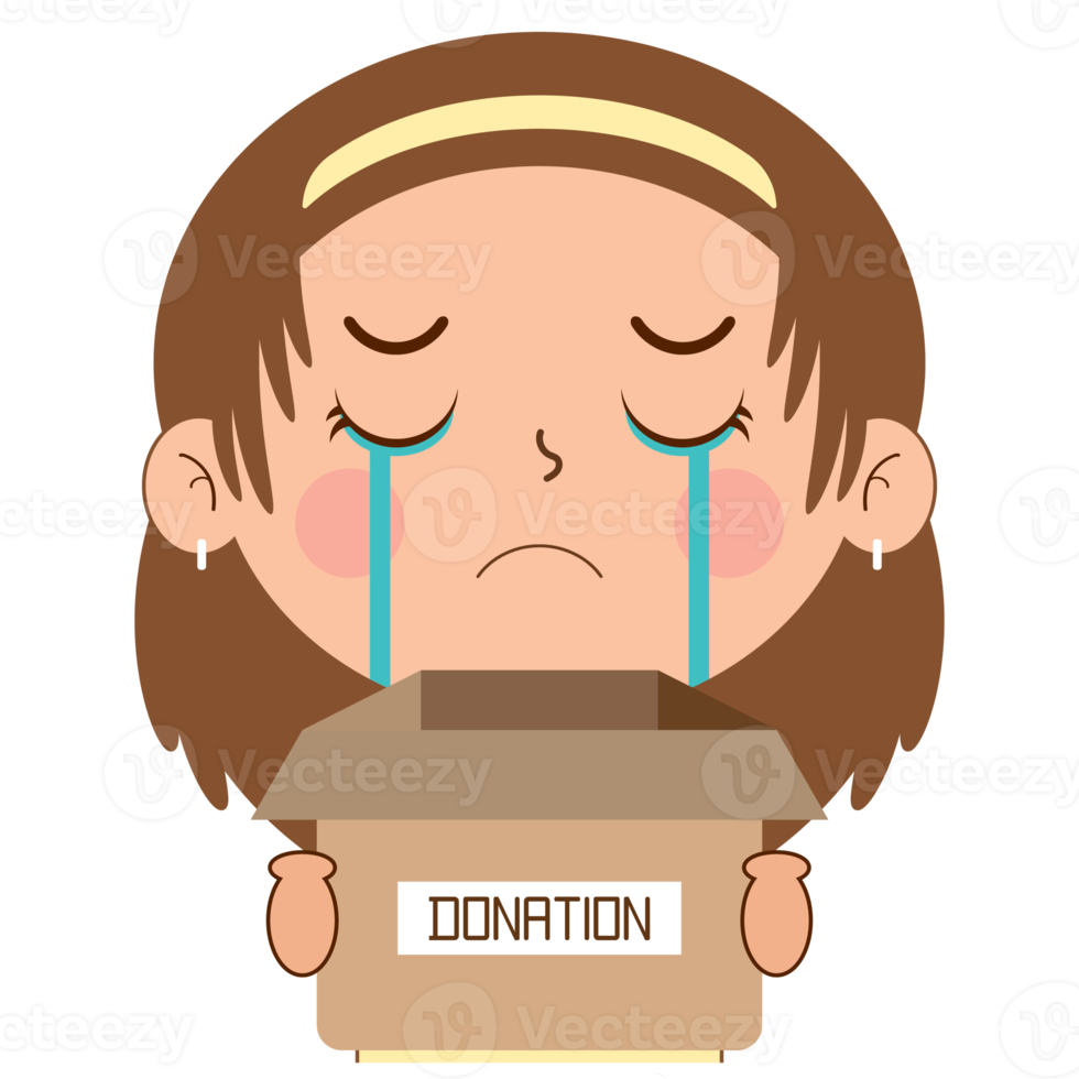 girl crying face holding box of donation cartoon cute png