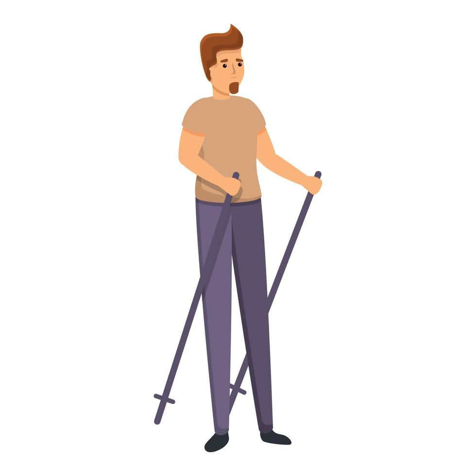 Bearded boy nordic walking icon, cartoon style vector
