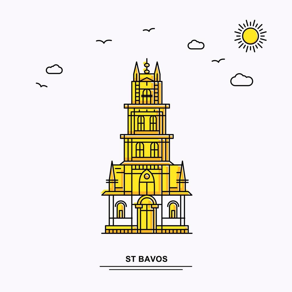 fondo de ilustración amarilla de viaje mundial de plantilla de póster de monumento de st bavos en estilo de línea con escena de naturaleza de belleza vector