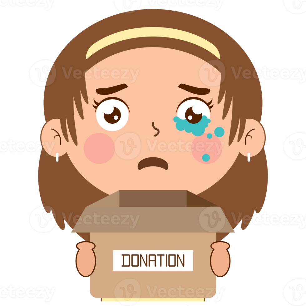 menina chorando cara segurando caixa de doação desenho animado fofo png