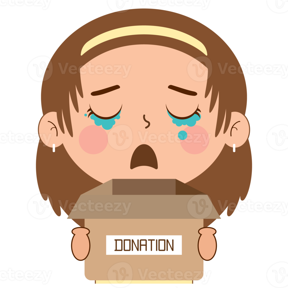 girl crying face holding box of donation cartoon cute png