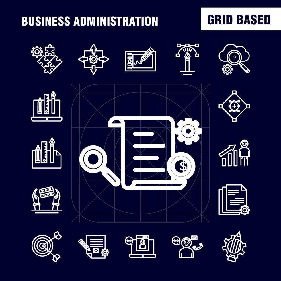 Business Administration Line Icons Set For Infographics Mobile UXUI Kit And Print Design Include Graph Dollar Business Money Gear Setting Pencil Writing Eps 10 Vector