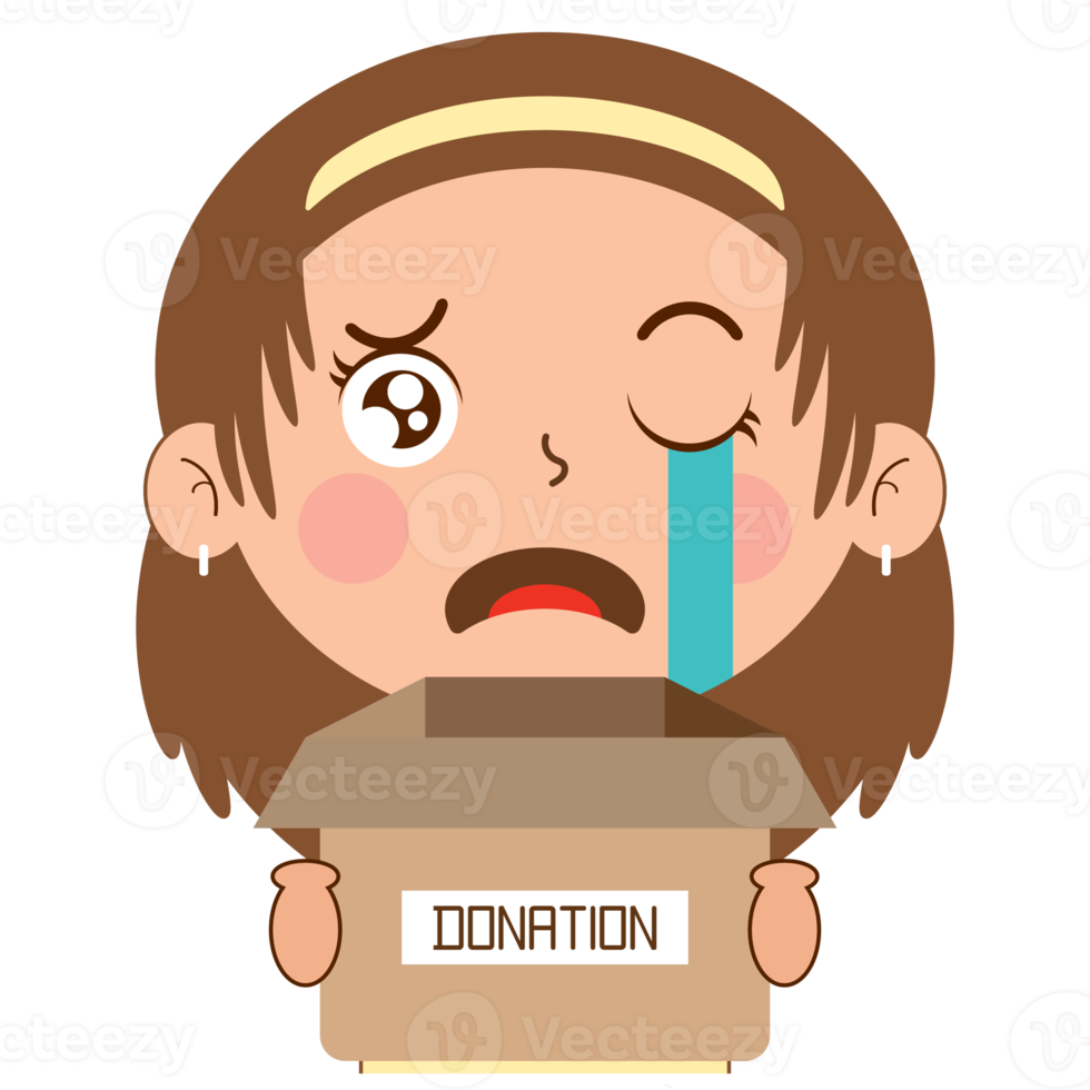 girl crying face holding box of donation cartoon cute png