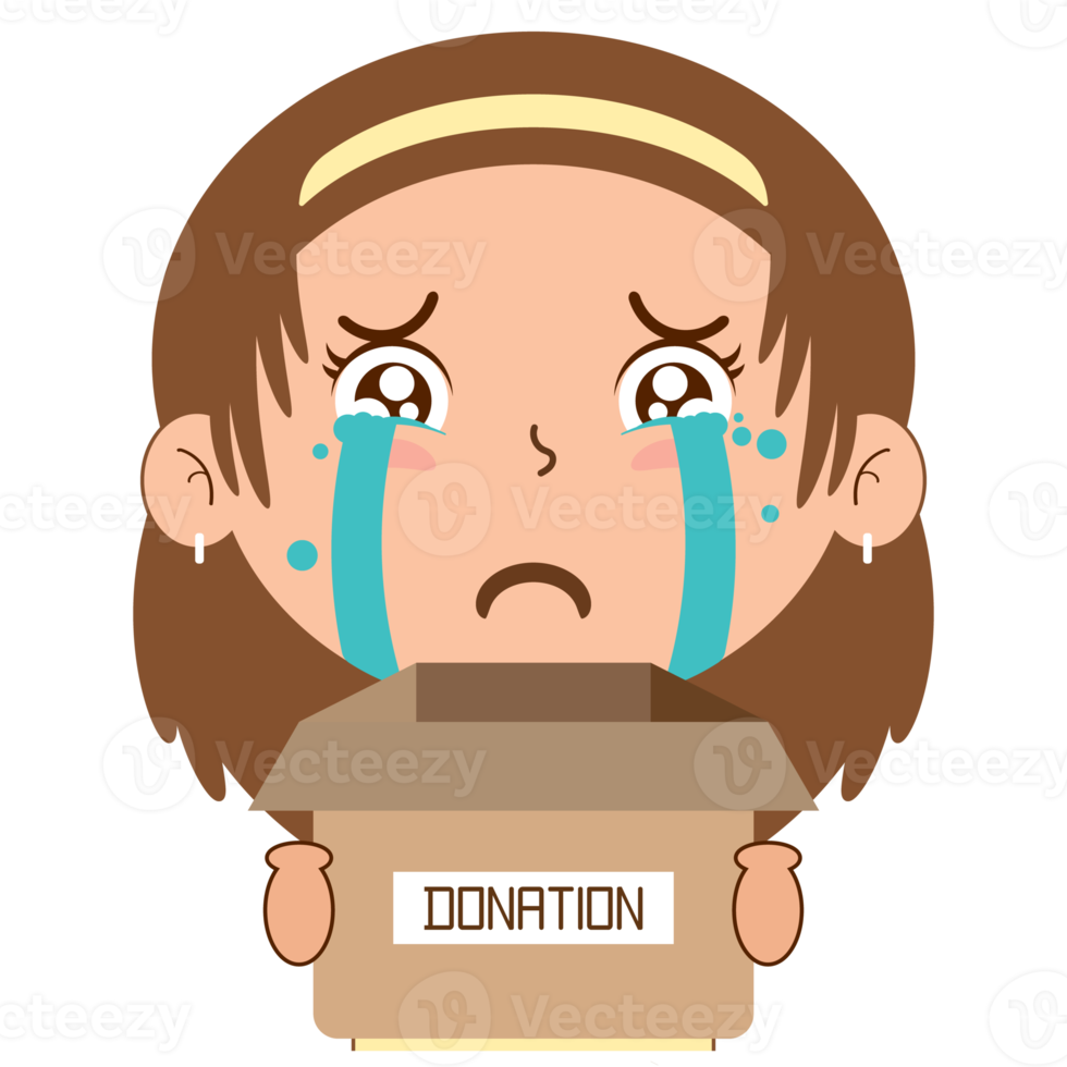 girl crying face holding box of donation cartoon cute png