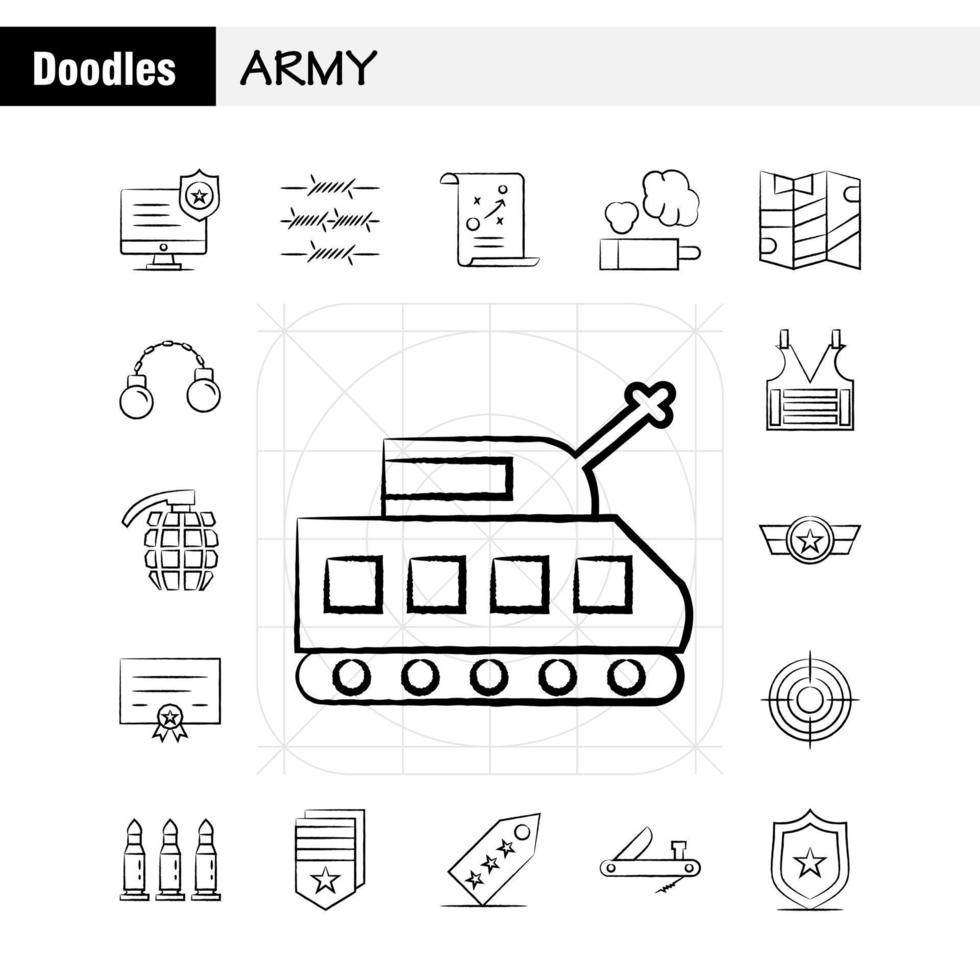 conjunto de iconos dibujados a mano del ejército para infografías, kit de uxui móvil y diseño de impresión, incluye monitor, insignia, aplicación de la ley, alambre de púas del ejército, conjunto de iconos franceses, vector