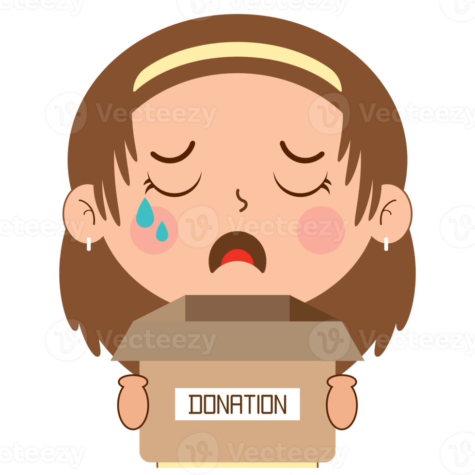 girl crying face holding box of donation cartoon cute png