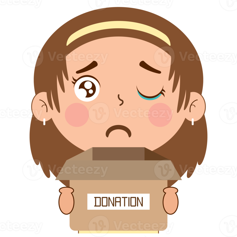 girl crying face holding box of donation cartoon cute png