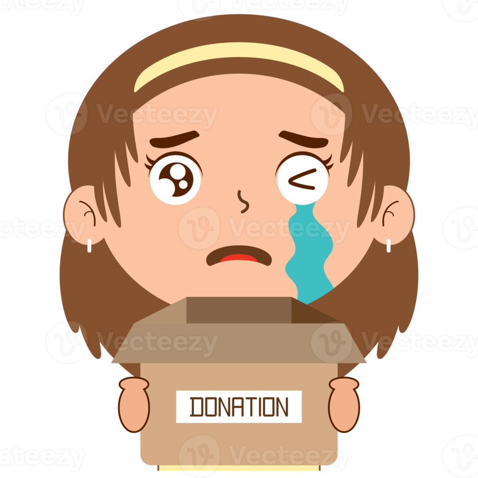 girl crying face holding box of donation cartoon cute png