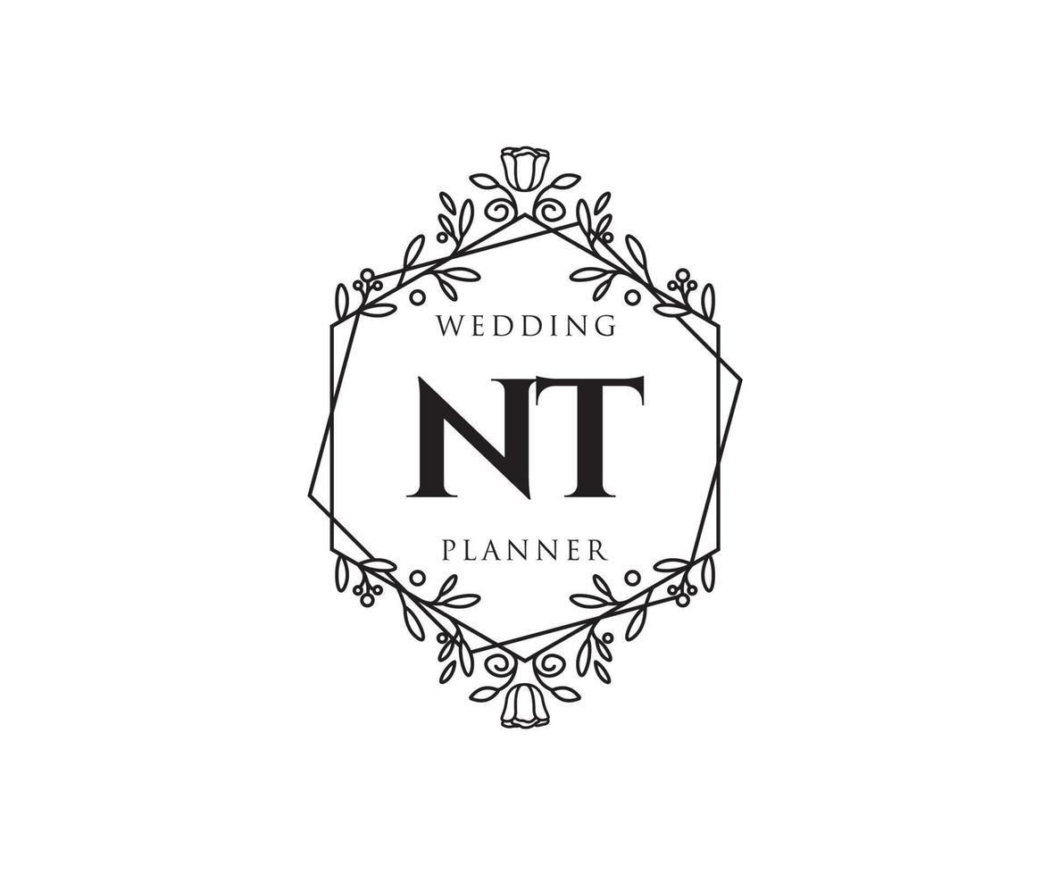 NT Initials letter Wedding monogram logos collection, hand drawn modern minimalistic and floral templates for Invitation cards, Save the Date, elegant identity for restaurant, boutique, cafe in vector