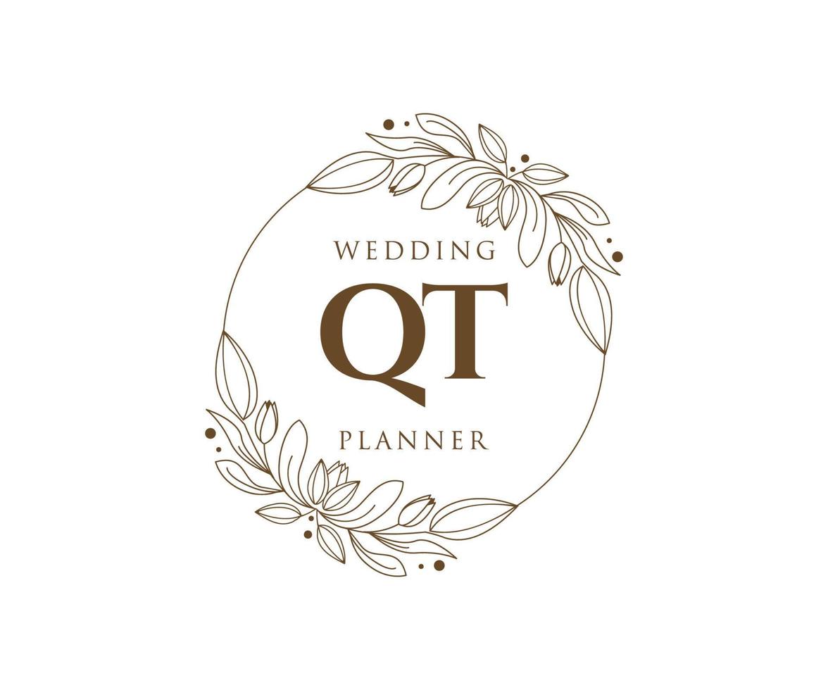 QT Initials letter Wedding monogram logos collection, hand drawn modern minimalistic and floral templates for Invitation cards, Save the Date, elegant identity for restaurant, boutique, cafe in vector