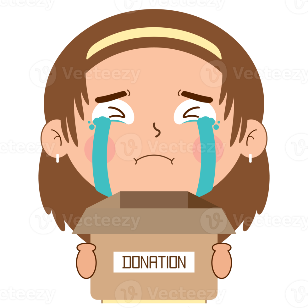 girl crying face holding box of donation cartoon cute png