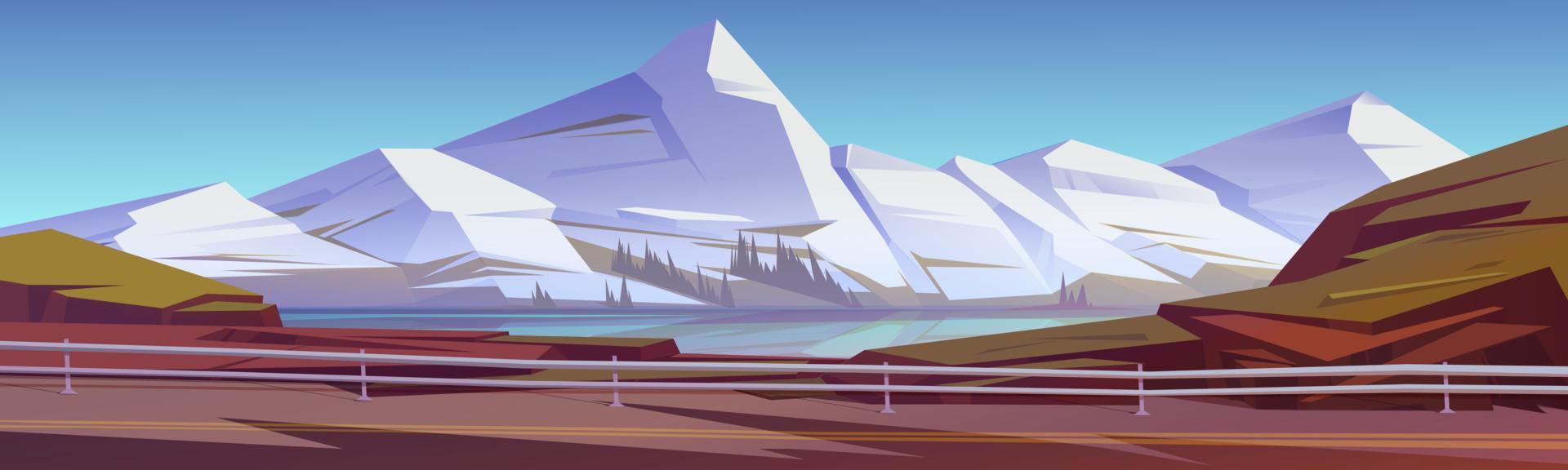 paisaje de montaña con lago, árboles y carretera de coches vector