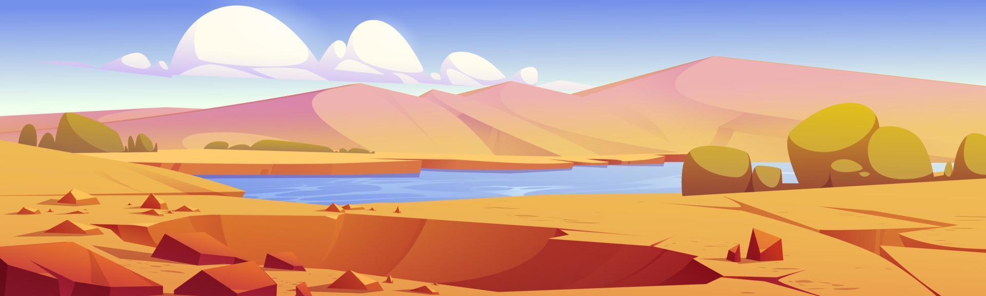 Crater in desert oasis with river, sand and plants vector