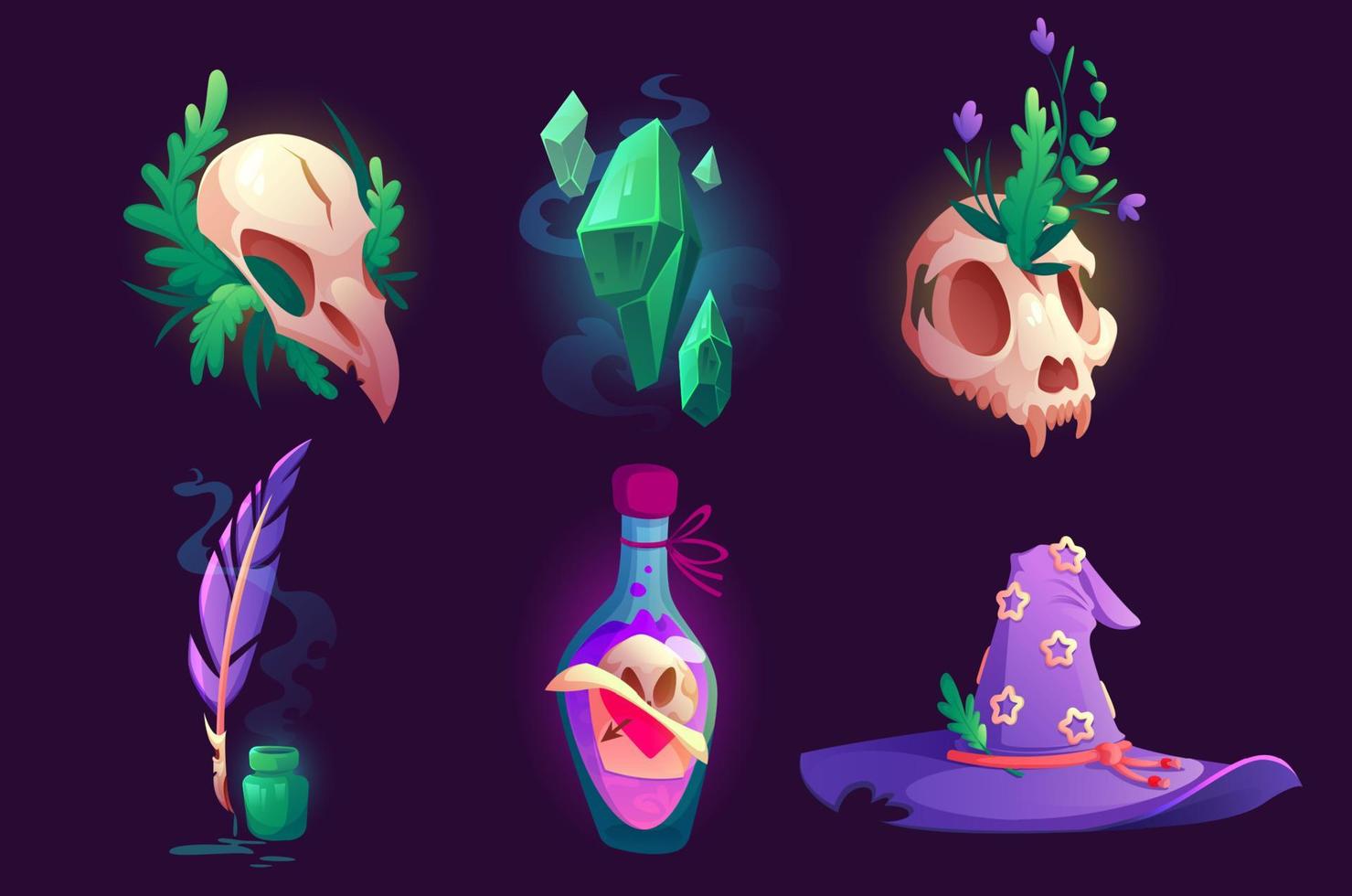 Witch stuff and magic items hat, bird and skulls vector