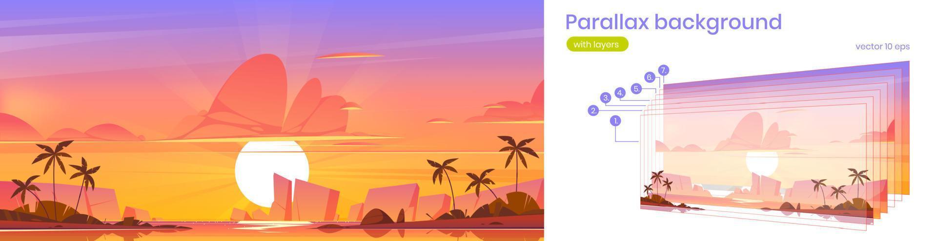 Sunset sky in ocean parallax background, island vector