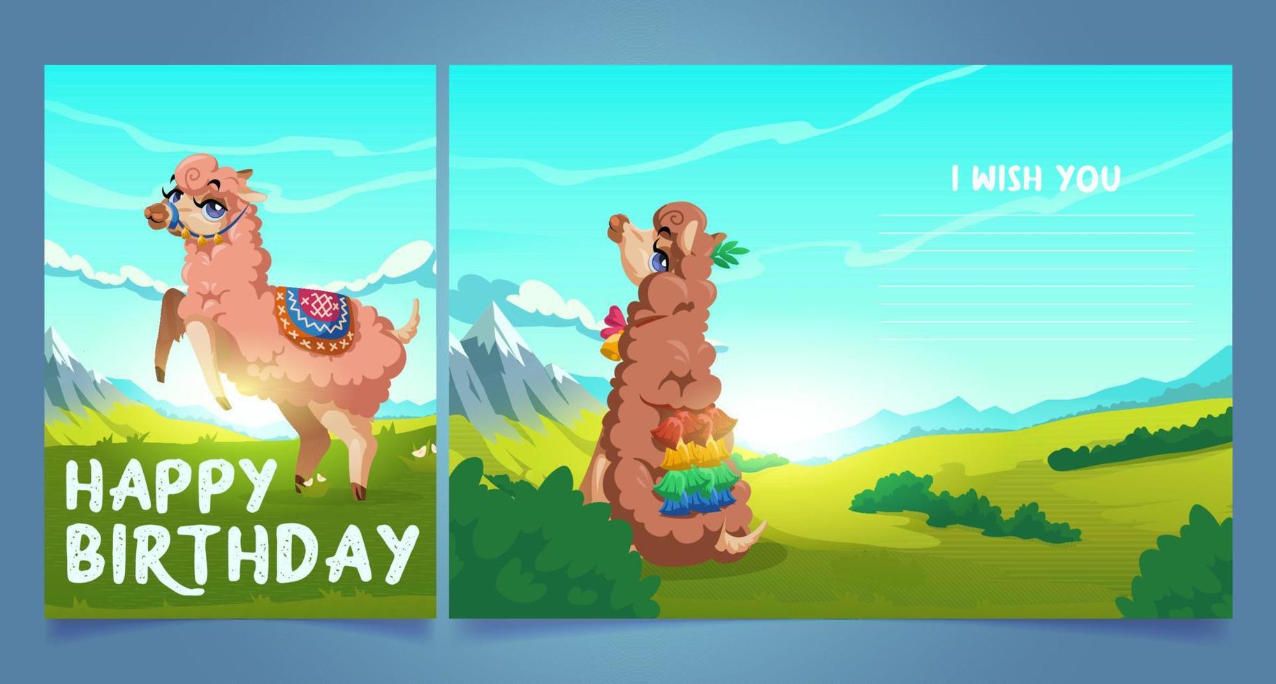 Happy birthday greeting card with cute llama, vector
