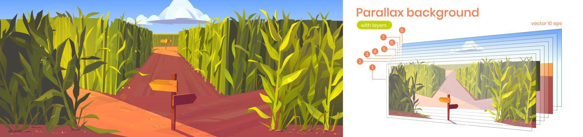 Parallax background cornfield with road pointers vector