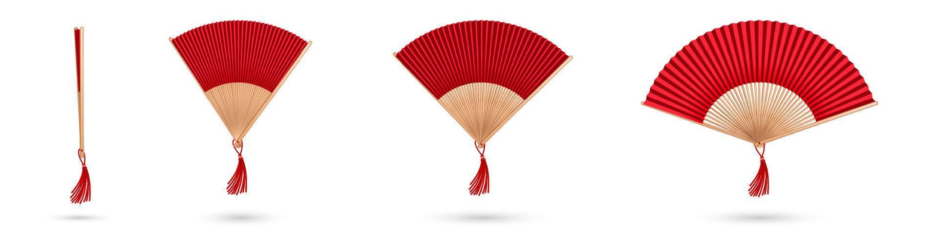 Red chinese hand fan, wooden handlend accessory vector