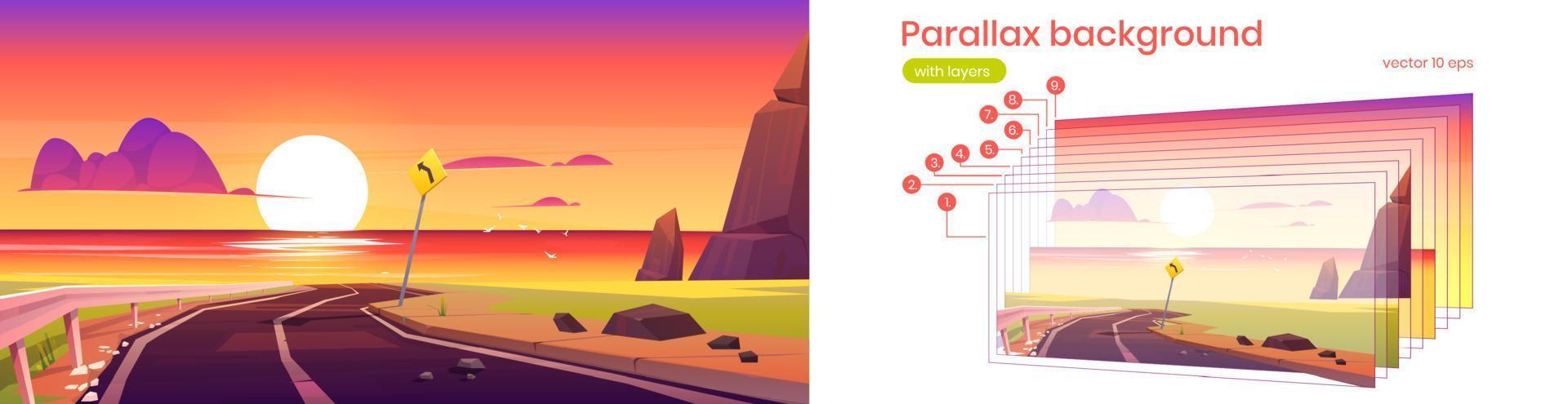 Parallax background with road, sea and sunset vector