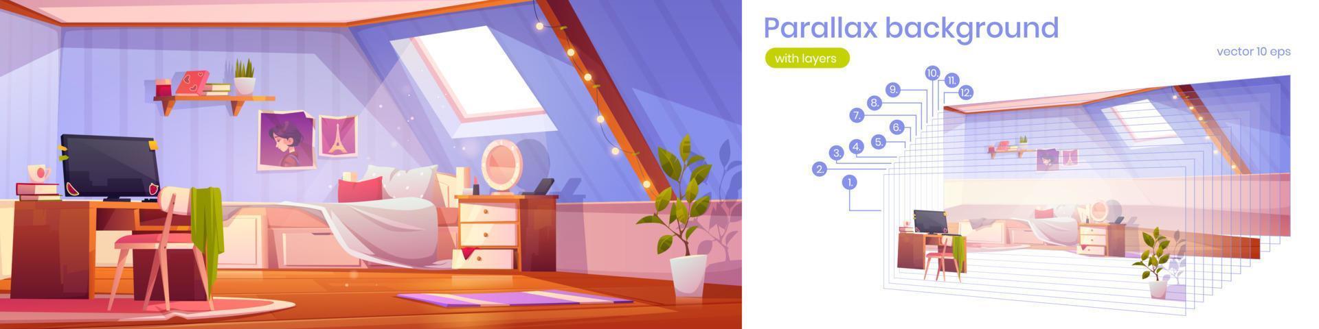 interior de dormitorio de niña de fondo de paralaje en ático vector