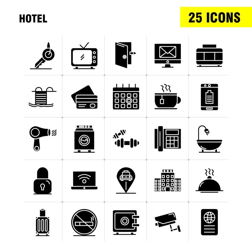 los iconos de glifo sólido del hotel establecidos para el kit de uxui móvil de infografía y el diseño de impresión incluyen el vector de conjunto de iconos de celda móvil del hotel de la puerta de entrada y salida del hotel