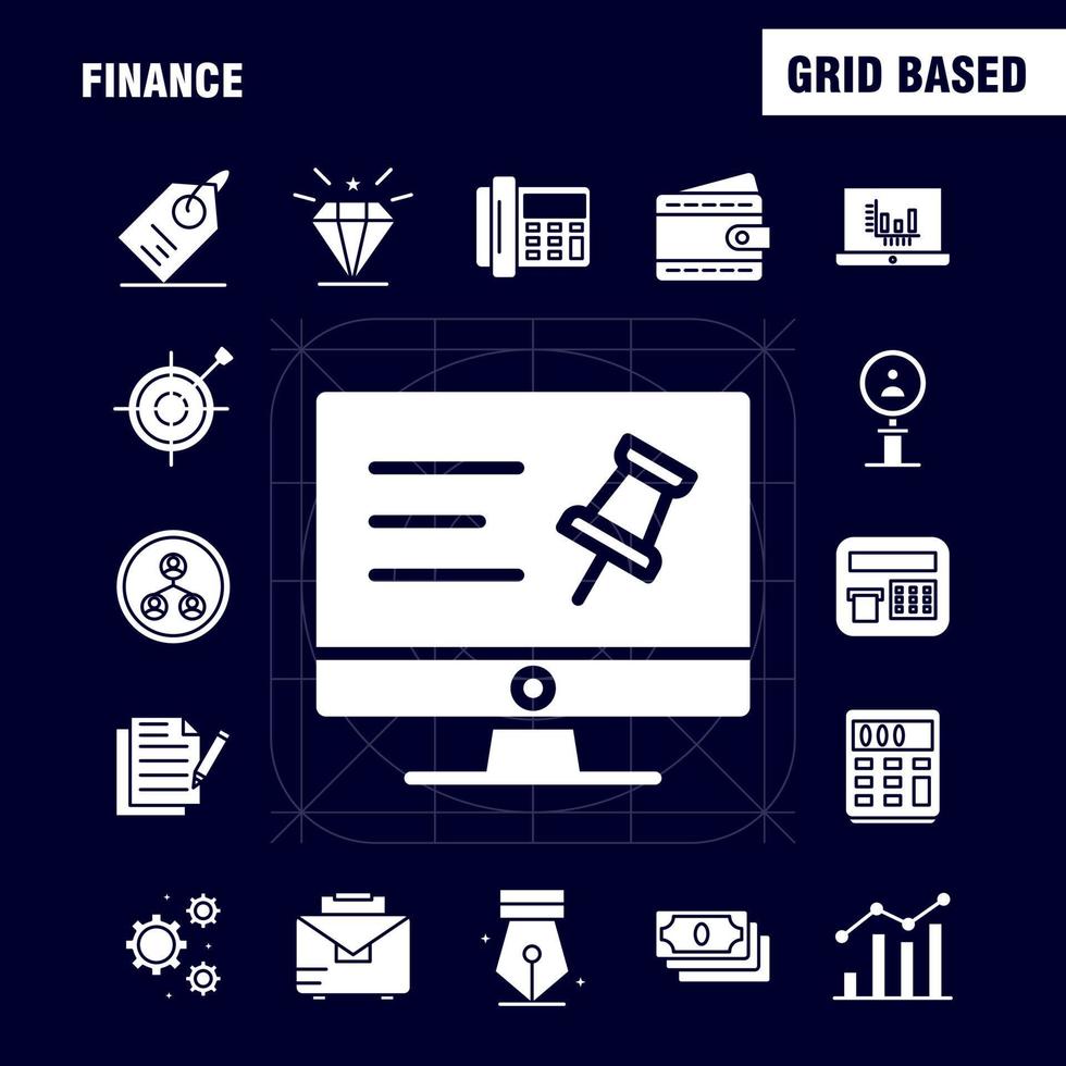 conjunto de iconos de glifo sólido de finanzas para infografías kit de uxui móvil y diseño de impresión incluyen texto de pin de computadora investigación de búsqueda de finanzas conjunto de iconos de hombre de finanzas vector