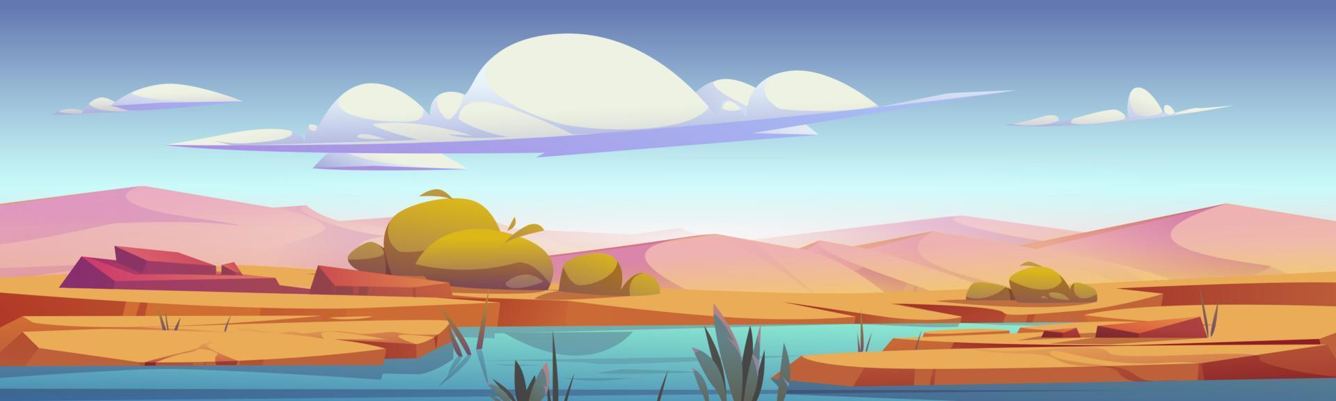 Desert oasis, river, dunes and plants landscape vector