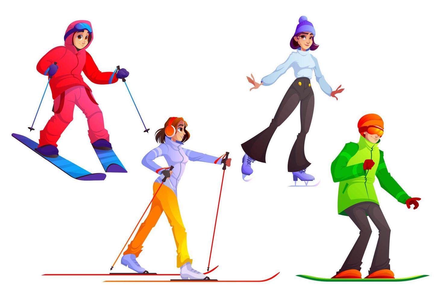 gente con esquí, snowboard y patines vector