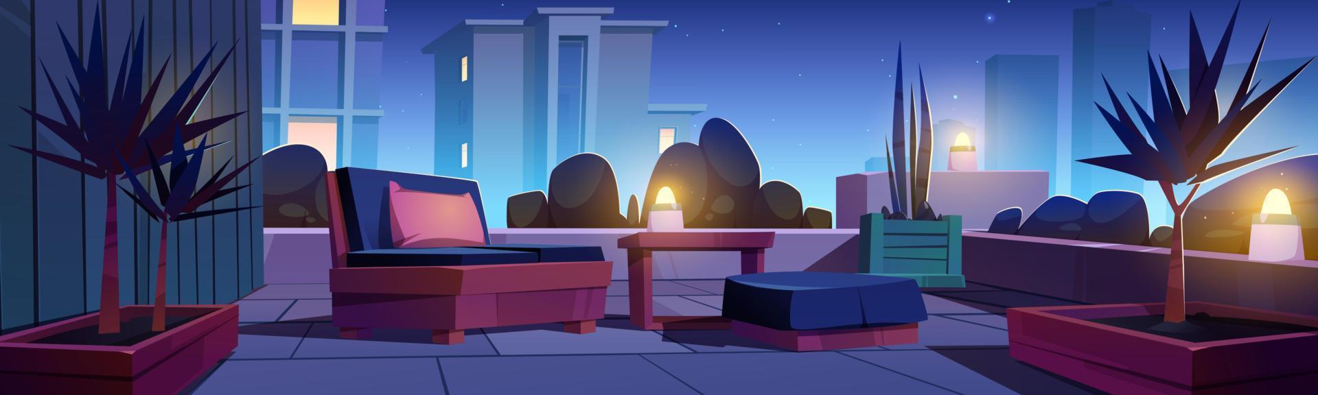 Rooftop garden, terrace with plants at night vector