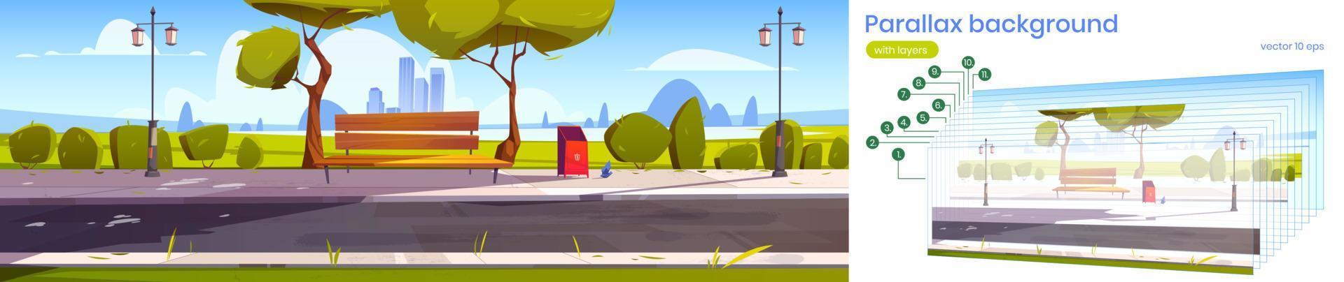 fondo de paralaje con paisaje de parque de la ciudad vector