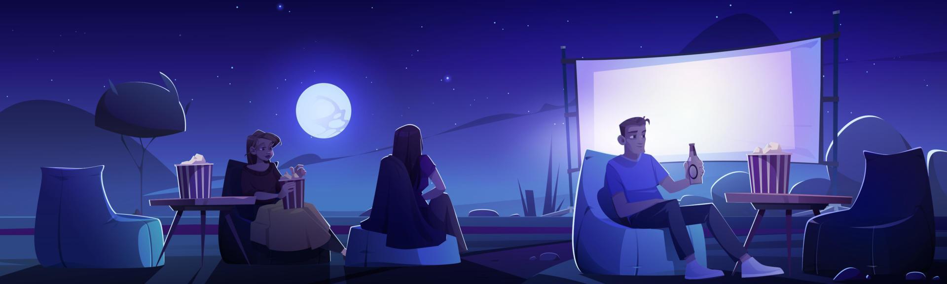 la gente se relaja en el cine al aire libre en el paisaje nocturno vector