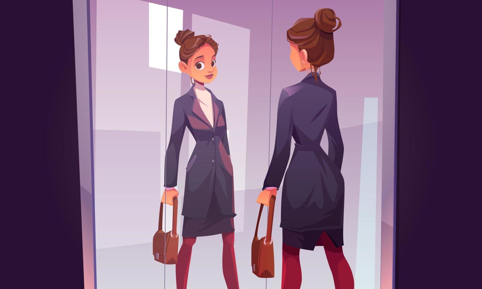 Business woman looks in big mirror vector