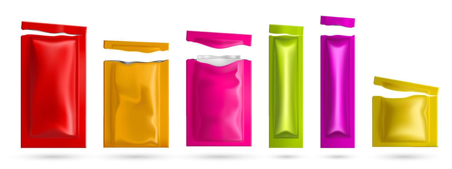Torn colored sachets with wet wipes vector
