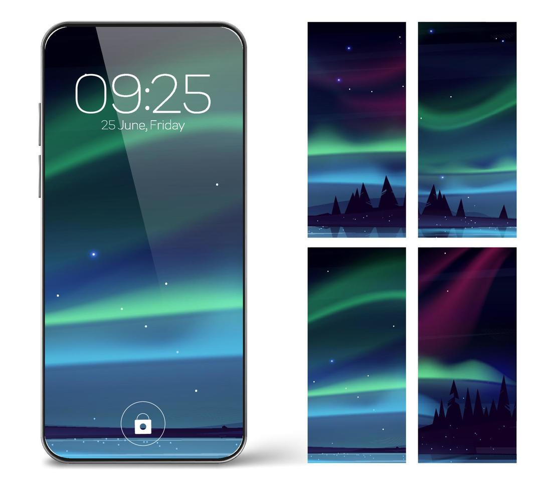 Smartphone lock screen with aurora borealis vector