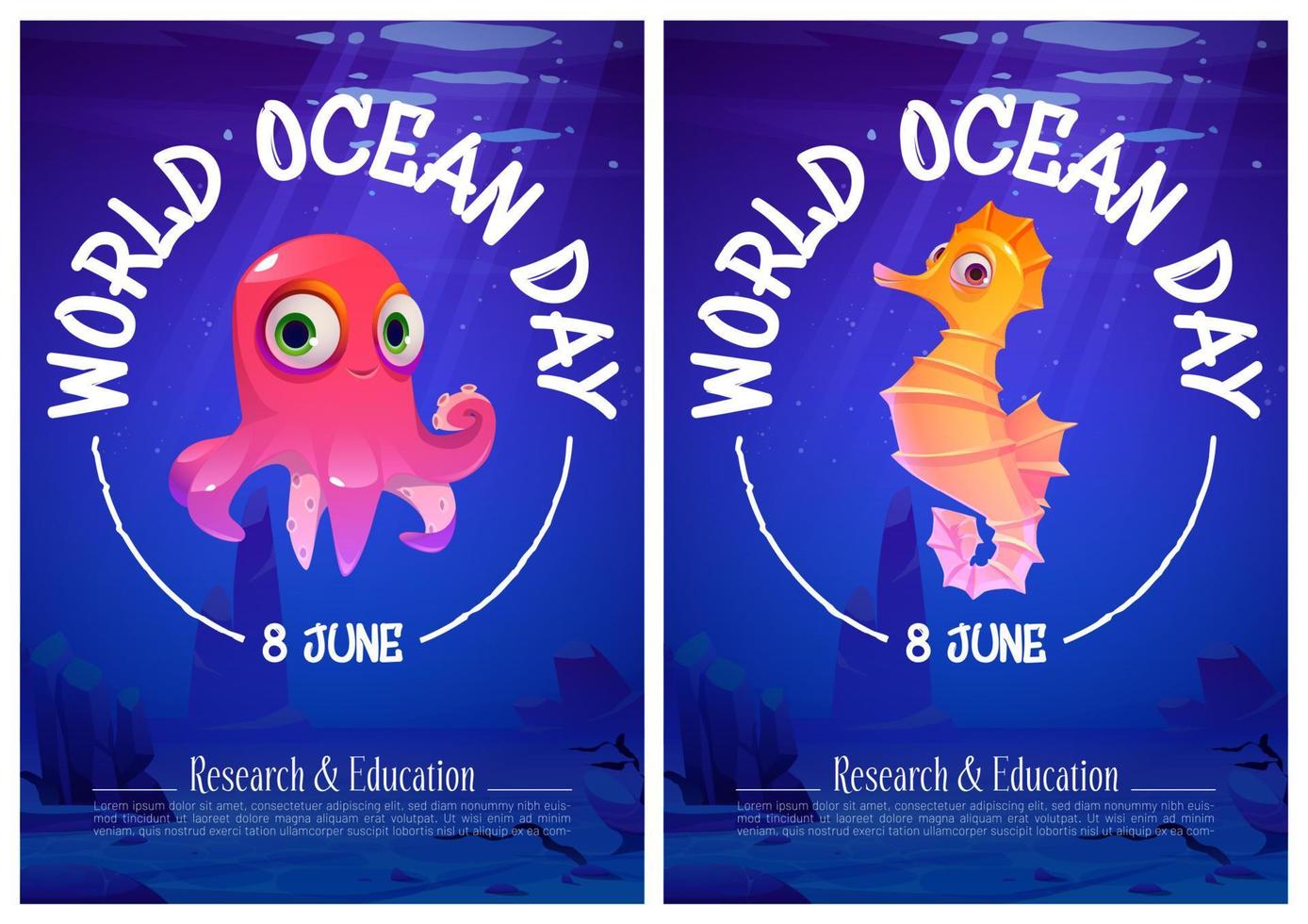 carteles del día mundial del océano con animales submarinos vector