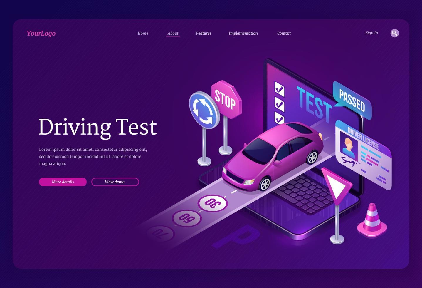 Driving test banner with driver license and car vector