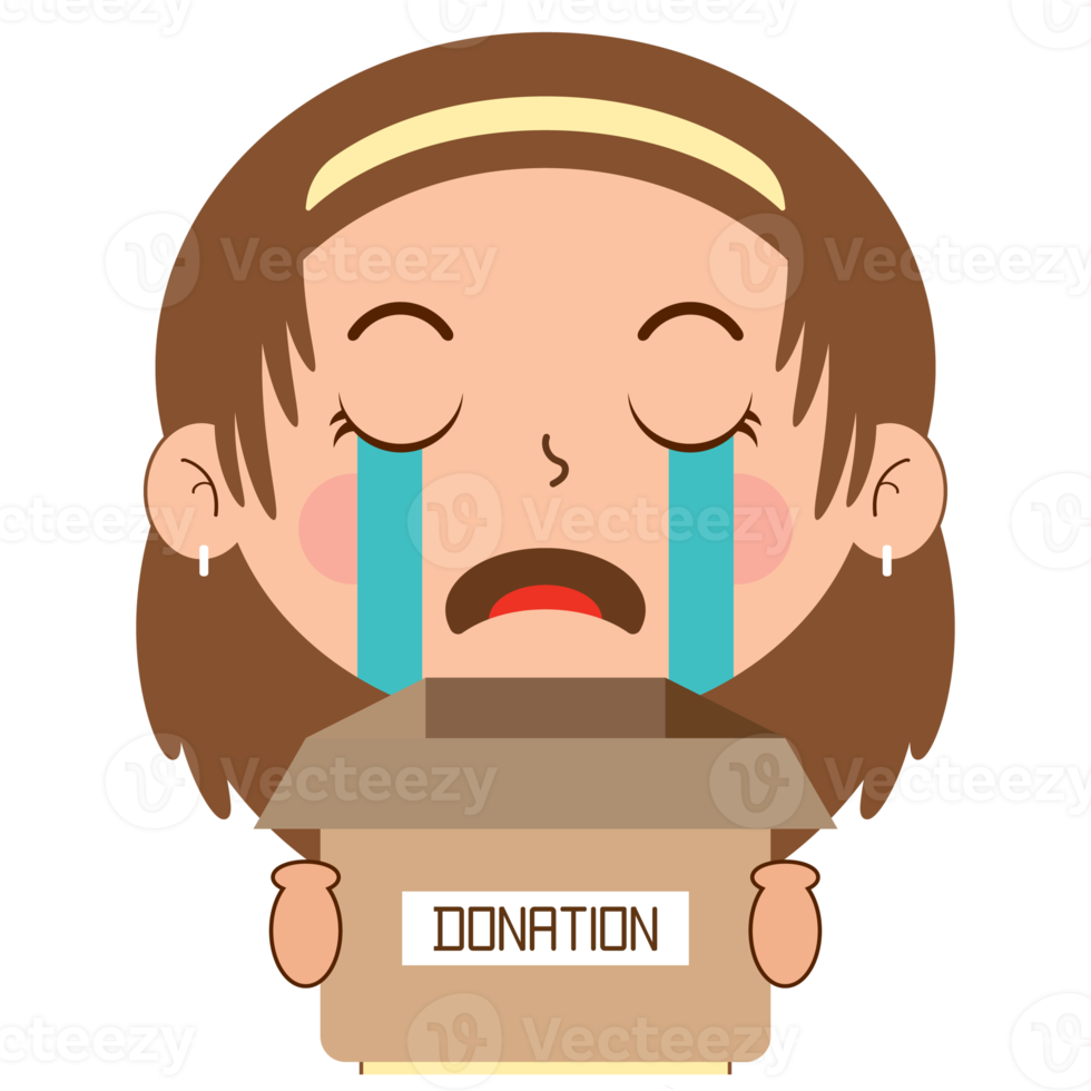 girl crying face holding box of donation cartoon cute png