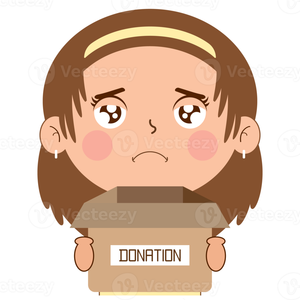girl sad face holding box of donate cartoon cute png