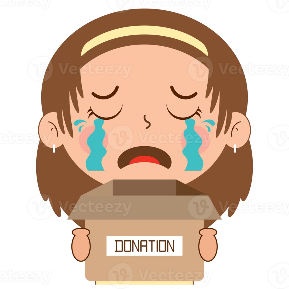 niña llorando cara sosteniendo caja de donación caricatura linda png